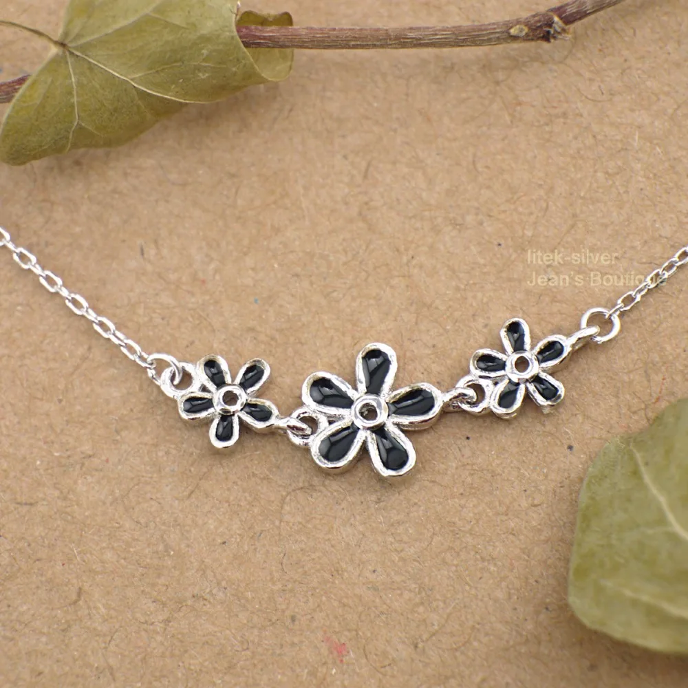 925 Sterling Silver Black Daisy Flower Charm Bracelet For Women A2368