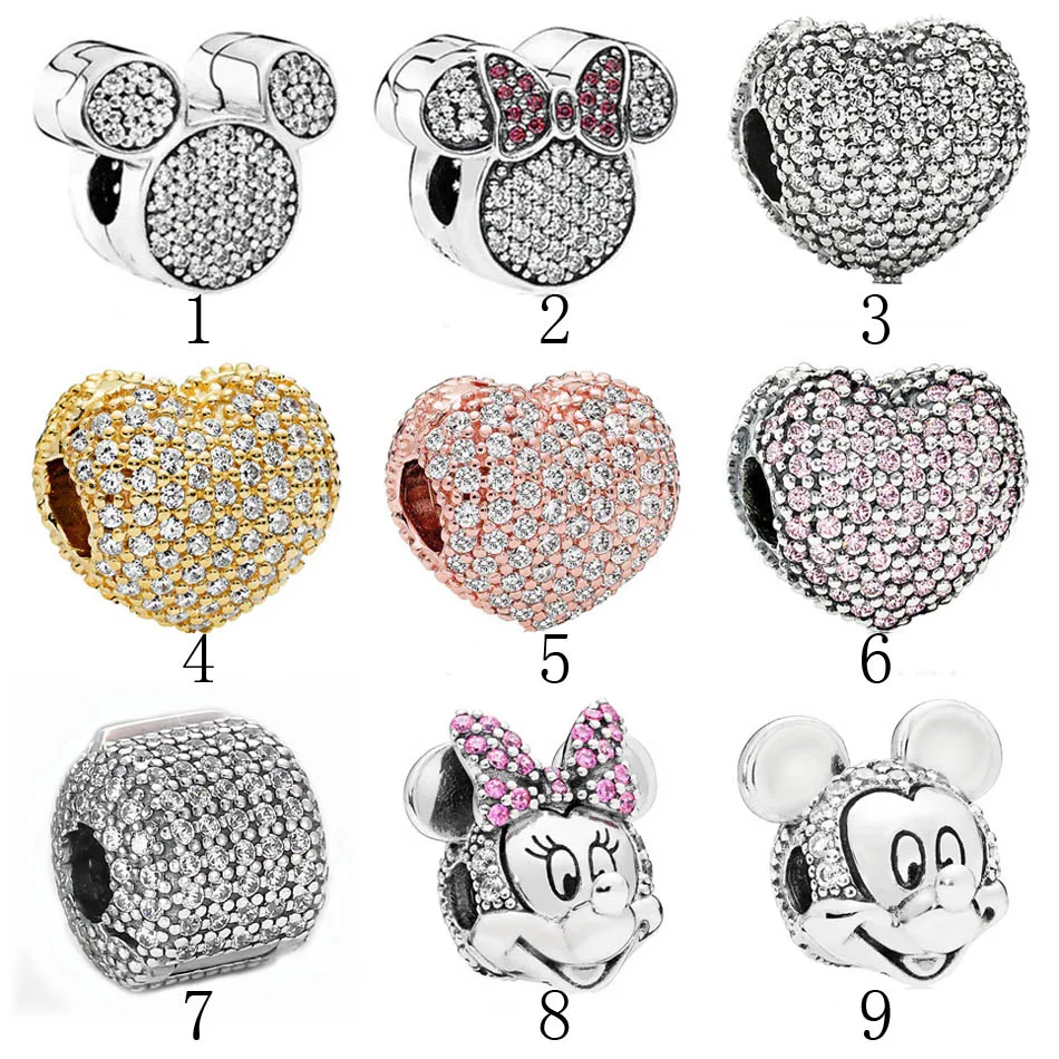 

925 Sterling Silver Clips Open My Heart Stoppers Mouse Charm fit Lady Bracelet Bangle Clear CZ