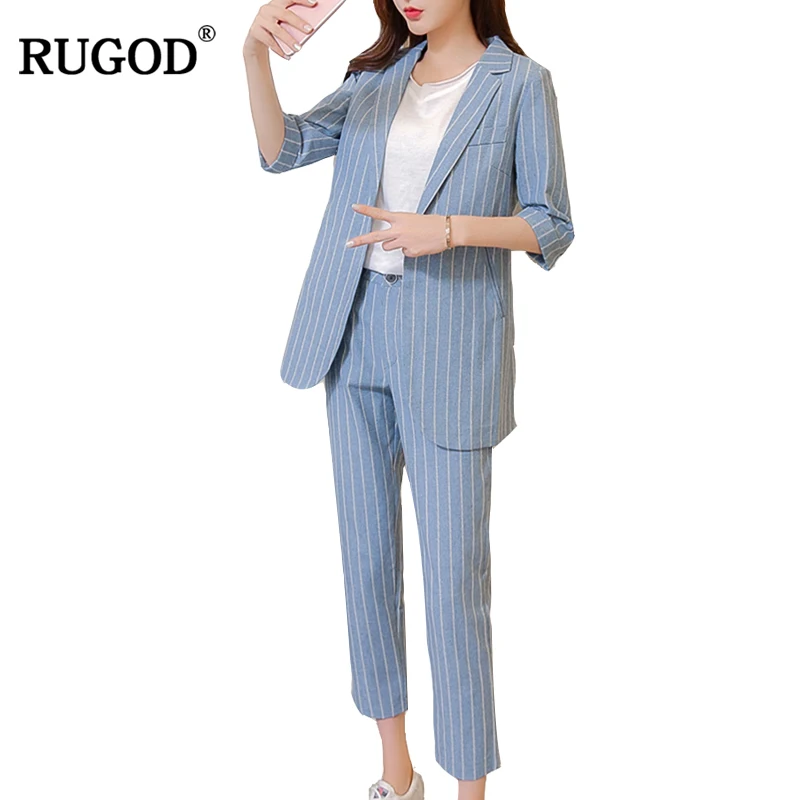 

RUGOD 2018 Elegant Blue Striped Blazer Jacket & Pants Suit For Women 2 Two Pieces Set Slim Office Lady Suits Business Suits