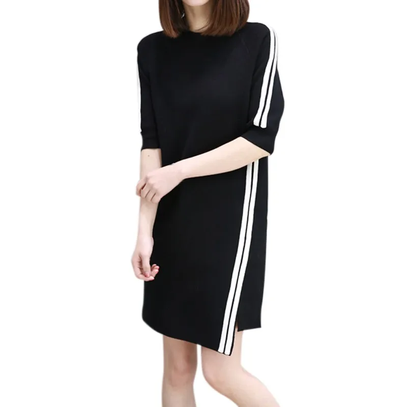 Летнее Полосатое Платье До Колена в Корейском стиле, прямые платья с коротким рукавом, женское черное Повседневное платье, уличная одежда