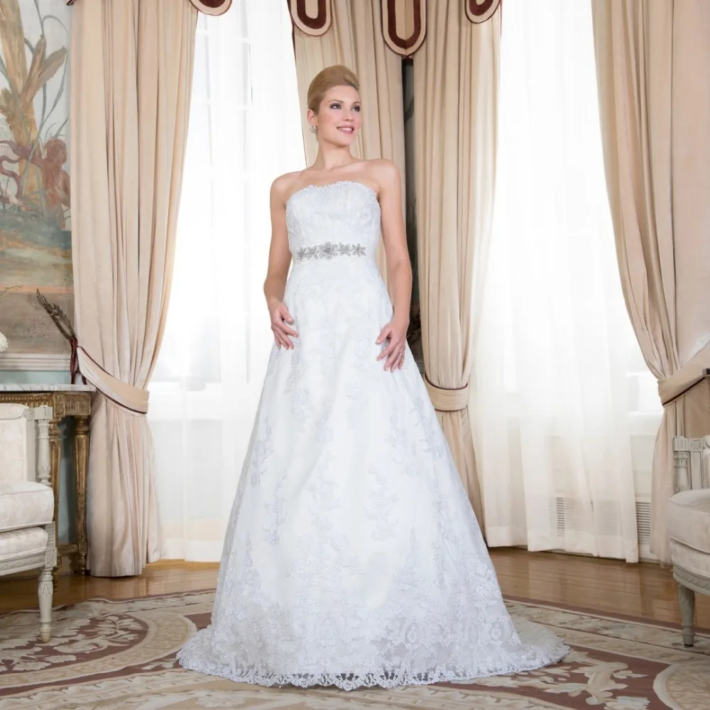 Strapless A Line Fashion Elegant Bridal Dresses with Detachable Rhinestones Belt Appliques Lace Wedding Dresses Sleeveless