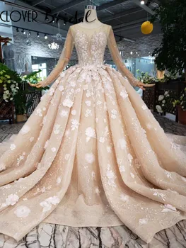 شراءCloverBridal 2019 تصميم جديد لؤلؤ أحجار الراين الزهور الكرة ثوب الشمبانيا فستان زفاف فاخر مخصص مجاني