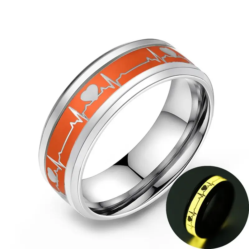 Yellow Luminous Heart Electrocardiogram Rings Stainless Steel Glow in the Dark Wave Love Ring Female Male Wedding Aneis Jewelry - Цвет основного камня: JR8002SLY