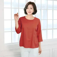 1XL-6XL хлопковая льняная футболка летняя новая футболка среднего возраста Для Мамы большого размера, Женская Однотонная футболка с круглым вырезом и карманом