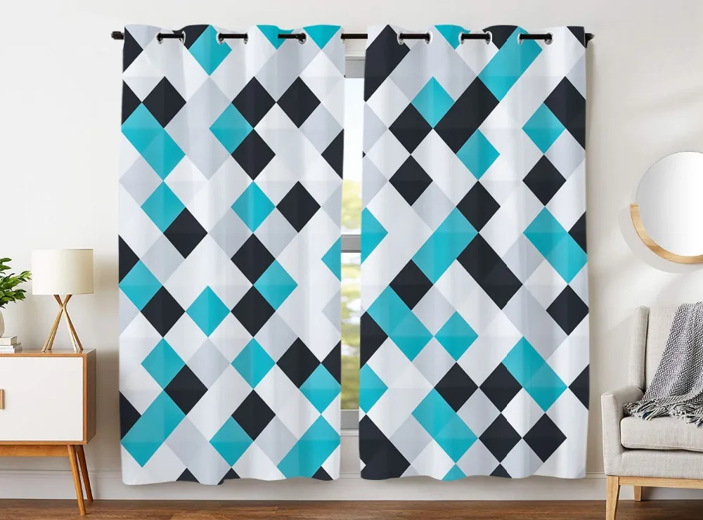 

HommomH Curtains (2 Panel) Grommet Top Darkening Blackout Room Simple Style Color Block Arrangement Blue Black