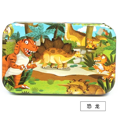 Premium Size 22.5* 13cm Wooden Large 60 Piece Iron Box Cartoon Animal Baby Puzzle Child Wooden Educational Toy Girl Boy - Цвет: dinosaur