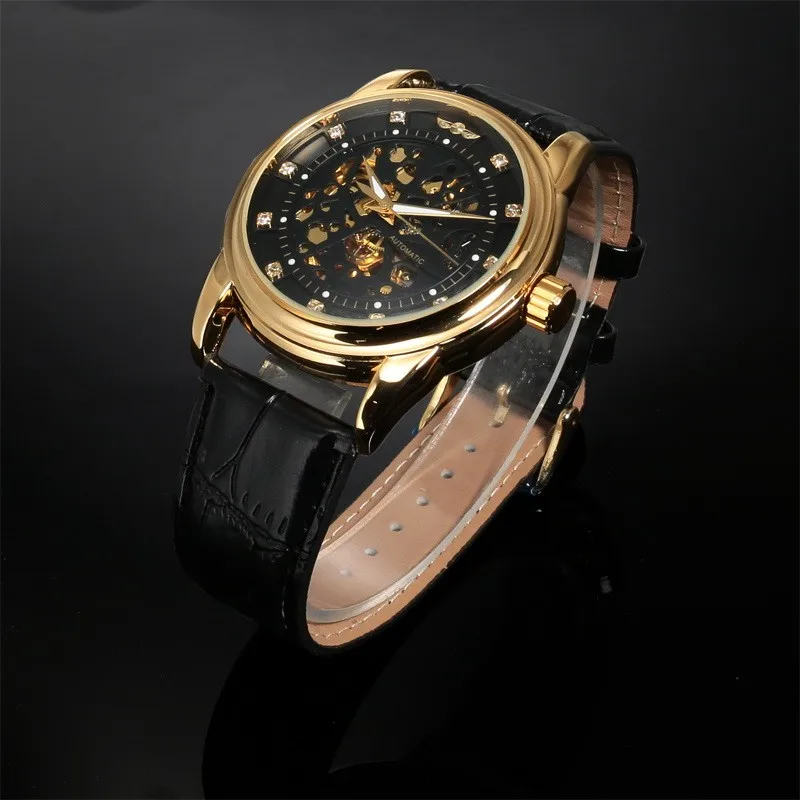 Winner Топ Бренд роскошные королевские бриллиантовые дизайнерские черные золотые часы Montre Homme мужские часы Relogio мужские механические часы с скелетом