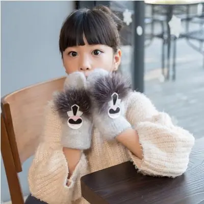 GLV842 Dwinter thickening velvet children warm font b gloves b font girl children rabbit fur fingerless
