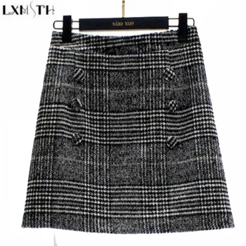 

LXMSTH Autumn Winter Short Plaid Skirt Women Korean Formal Vintage Slim High Waist Tweed Skirt Plus Size Mini Woolen Skirts 5XL