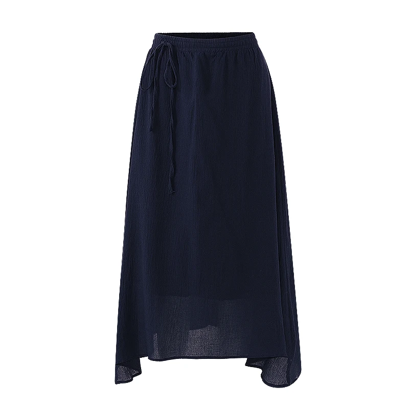 Летние женские Винтажные льняные юбки, повседневные свободные одноцветные длинные юбки с эластичной резинкой на талии, пляжные плиссированные юбки Макси размера плюс - Цвет: Navy