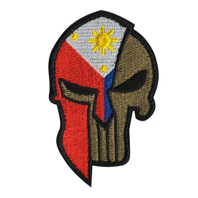 

Philippines Flag Spartan Military Green Morale Patch Skull Helmt Tactical Emblem Badges Applique Embroidered Patches