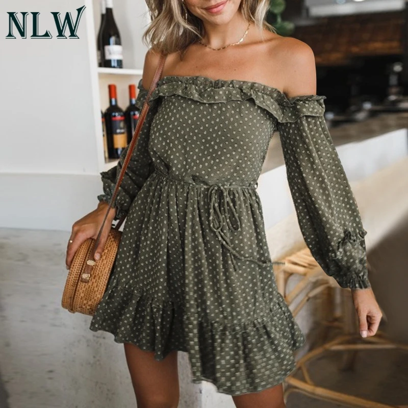 NLW Сексуальная плеча с длинным рукавом Сетчатое платье Пляж Boho элегантные