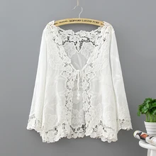 Crochet Lace Kimono Summer 2017 Fashion Holiday Lace Up Tops Women Long Sleeve Hollow Out White Blouse Beach Kimono Cardigan lace panel kimono sleeve tee
