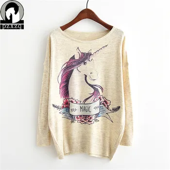 

2019 New Winter Harajuku Women Long-sleeved Wool Oversized Sweater Jumper Unicorn Dog Print Female Loose Casual Pullover Crochet