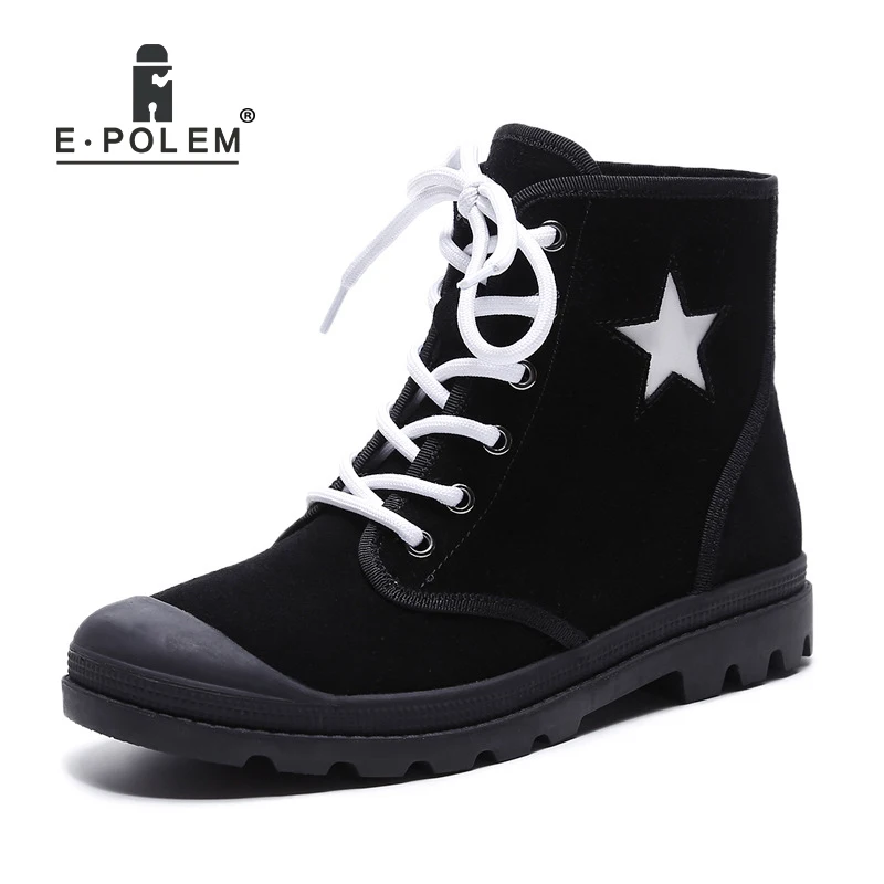 

E.POLEM Genuine Leather Star Boots for Women Patchwork Matting Cow Leather Lace-Up Ankle Round Toe Cross-tied Flat Short Boots
