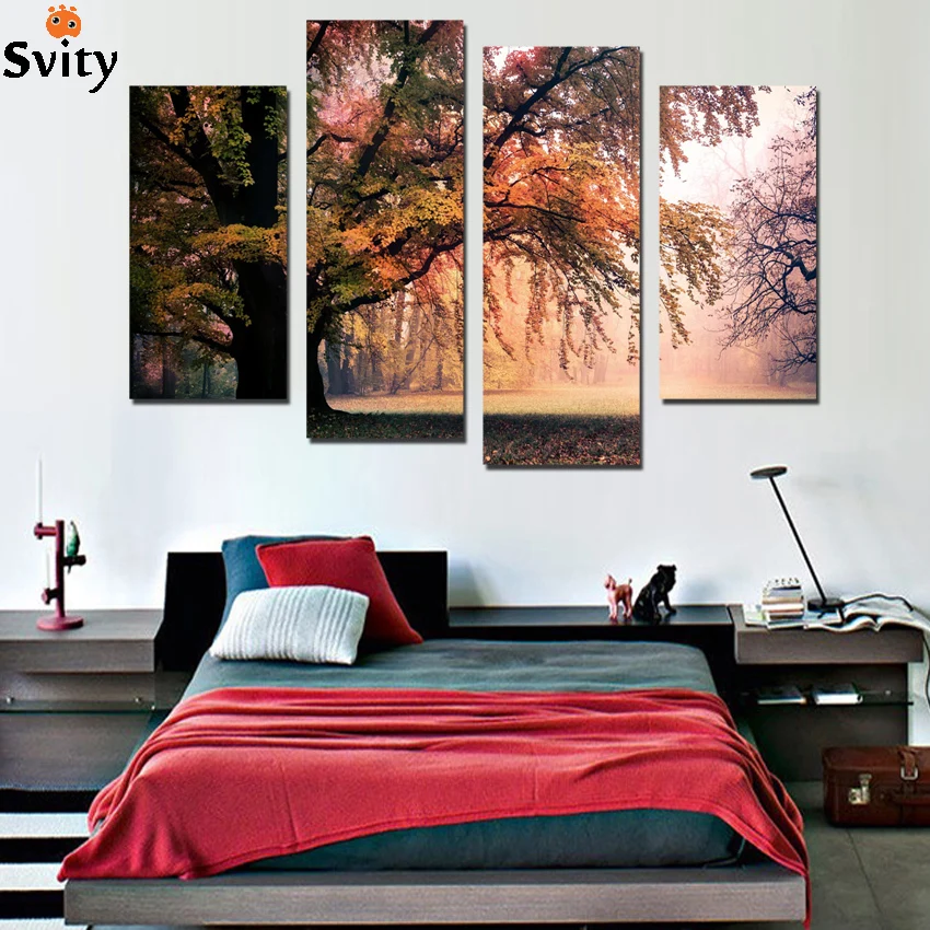 

No Frame 4 Panel Modern Printed Pink Tree Landscape Painting Picture Cuadros Decoracion Canvas Painting For Living Room F1833