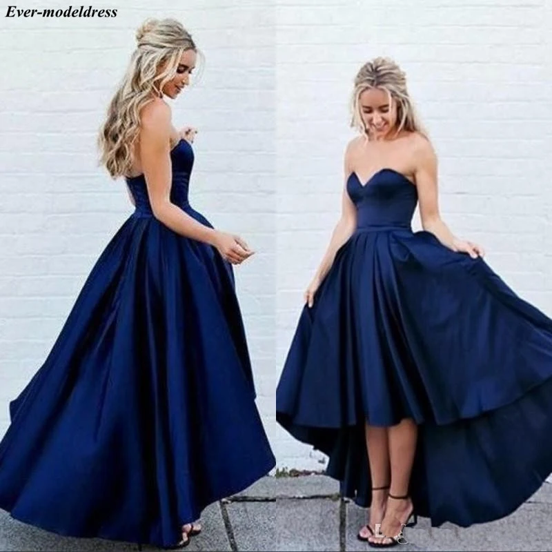

Hi-lo Navy Prom Dresses Plus Size Customized Sweetheart Zipper Back Satin Simple Party Gowns Formal Gowns Vestidos De Festa