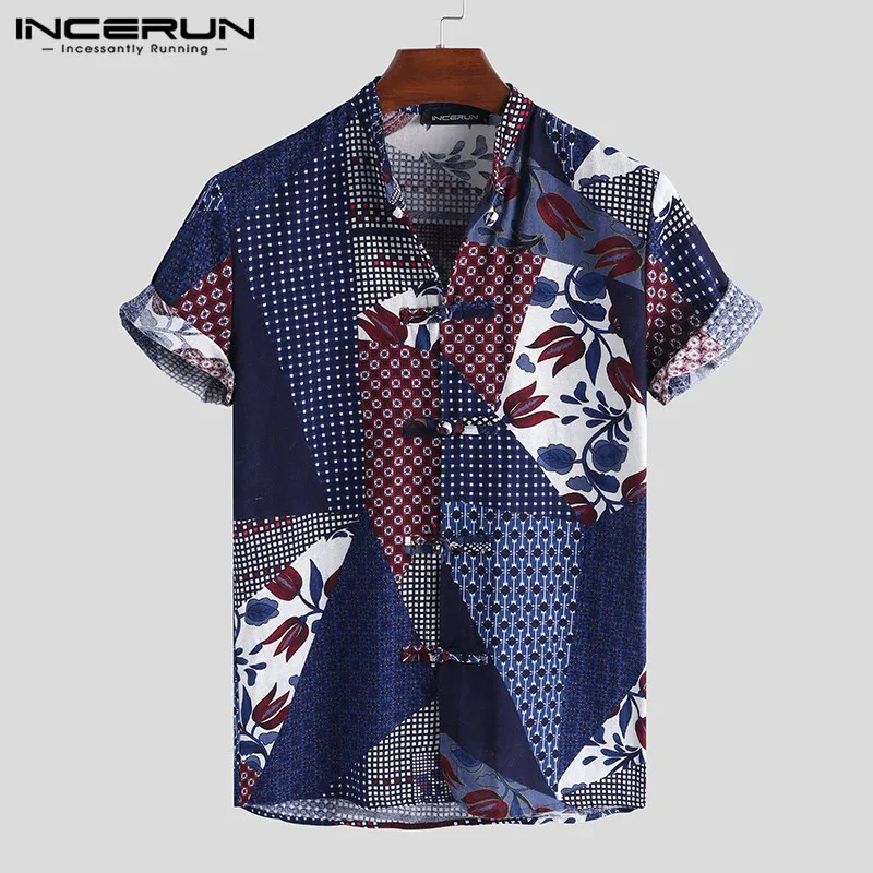 INCERUN Chinese Style Men Shirt Cotton Printing Short Sleeve Button Stand Collar Brand Shirts Men Breathable Vintage Camisa 2020 INCERUN Chinese Style Men Shirt Cotton Printing Short Sleeve Button Stand Collar Brand Shirts Men Breathable Vintage Camisa 2020