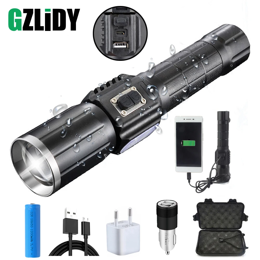 

USB Rechargeable LED flashlight Waterproof torch USB interface to charge the phone Zoomable 7 lighting modes use 18650 Battery