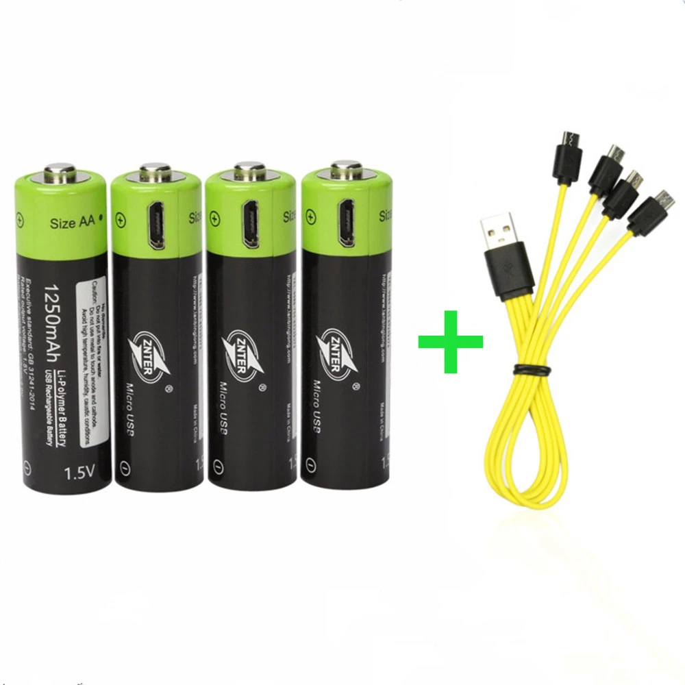 

4PCS New ZNTER 1.5V 1250mAh AA Rechargeable Battery USB Rechargeable Lithium Polymer Battery with Micro USB Cable Fast Charge