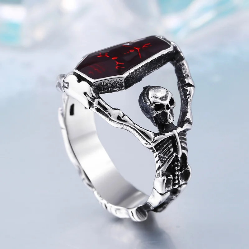 Mcllroy Fashion Ring Red gem Stainless steel 316L Personality Vintage style Skull rings Men's wedding jewelry Anel masculino