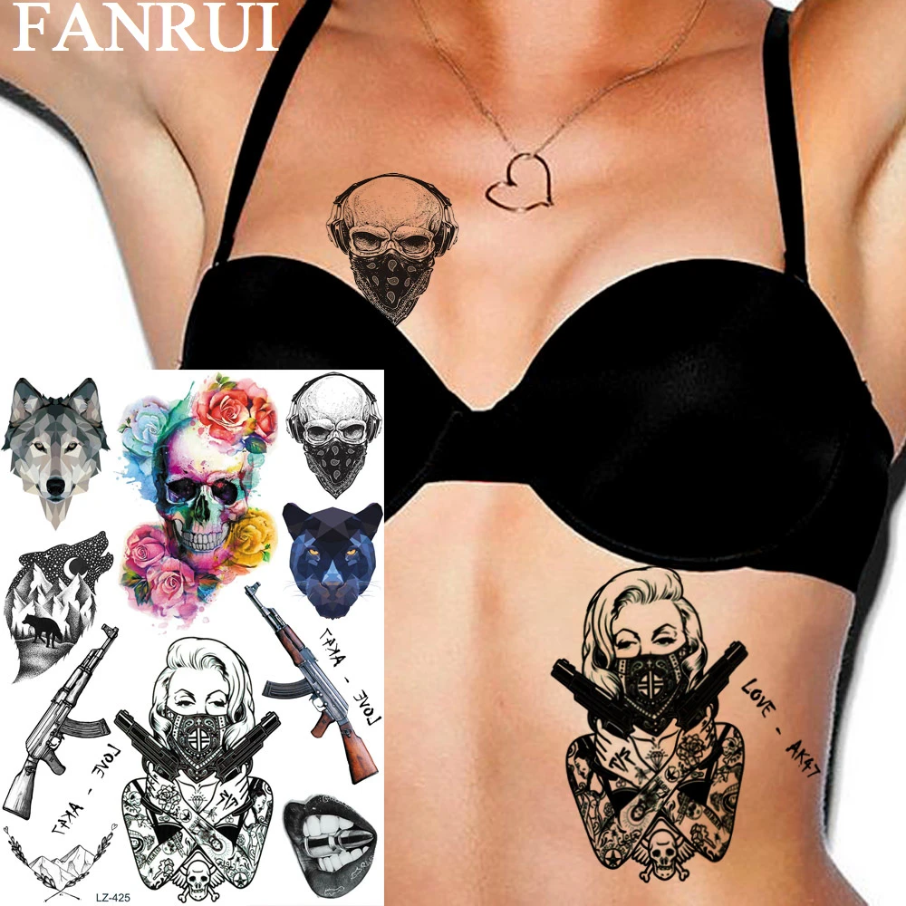 Death Skull Gangster Girl Ak47 Temporary Tattoos For Women Men Sticker Wolf  Tatoos Waterproof Body Art Realistic Tattoo Arms - Temporary Tattoos -  AliExpress