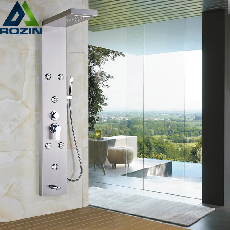 

Single Handle Waterfall Rain Shower Column with Jets Sprayer Shower Panel Brushed Nickel Wall Mounted Shower Set