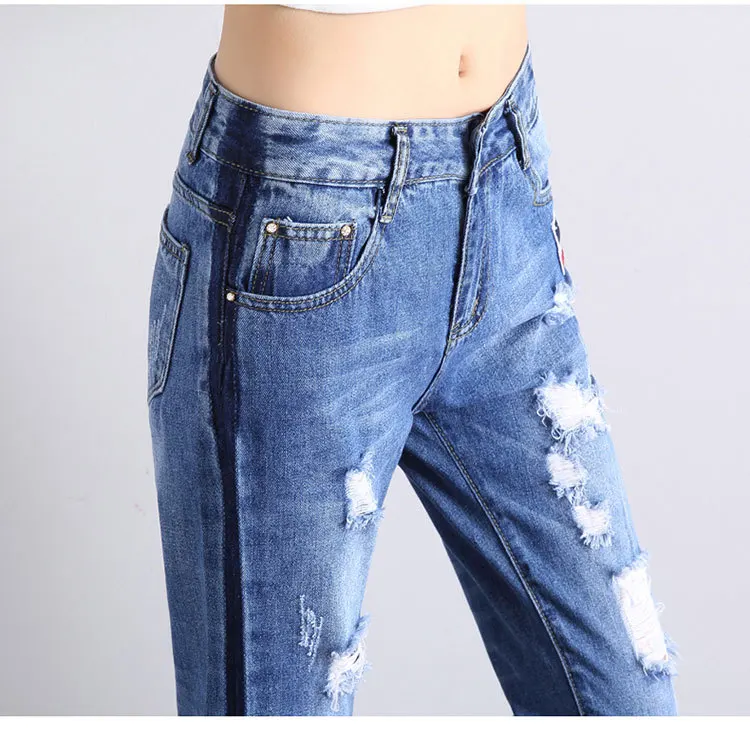 Европа Стиль женщина Рваные джинсы плюс Размеры свободные середины талии пят Брюки для девочек высокое качество женские тонкие джинсовые