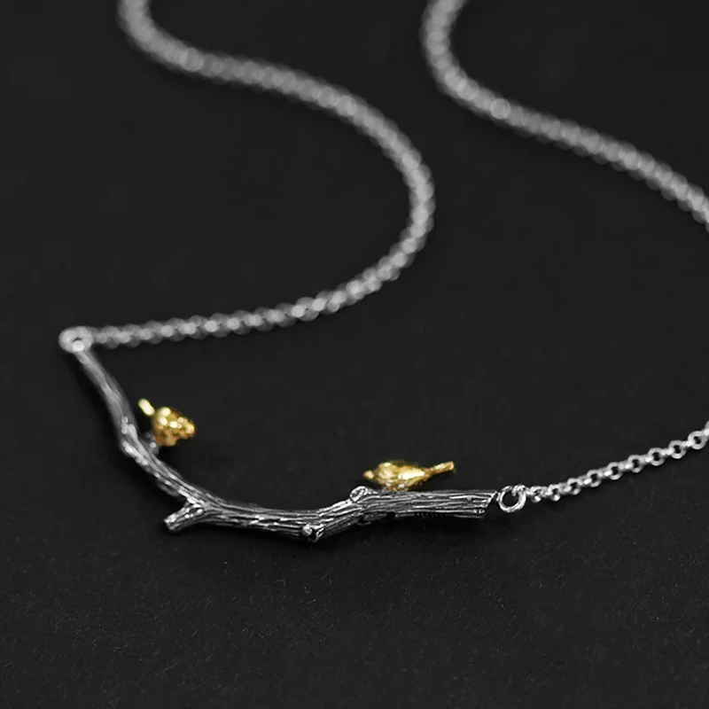 Antique Silver Женская цепочка с кулоном Lotus Fun, тонкое ожерелье с кулоном в виде птиц на ветке, ювелирные изделия ручного изготовления из серебра 925 пробы - Цвет камня: Antique Silver