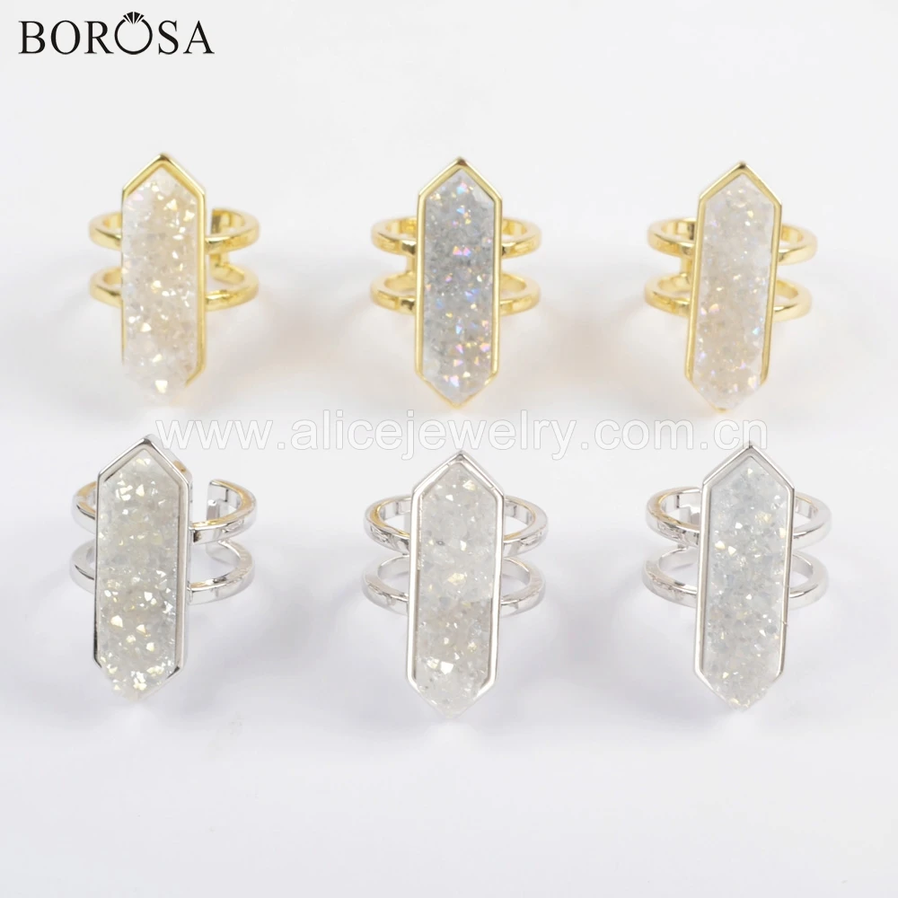 BOROSA 5 шт. шестигранное серебряное покрытие натуральный Агаты Титан AB Druzy Открытое кольцо Натуральный Drusy вечерние золотые кольца для женщин ZG0404