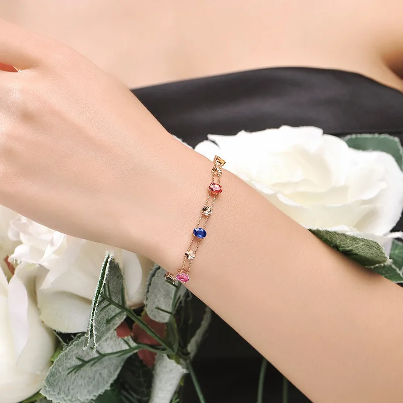 Двухслойный роскошный браслет для женщин, Цветной циркон, счастливый четырехлистный клевер, розовое золото, вечерние, подарок, модное ювелирное изделие KBH232