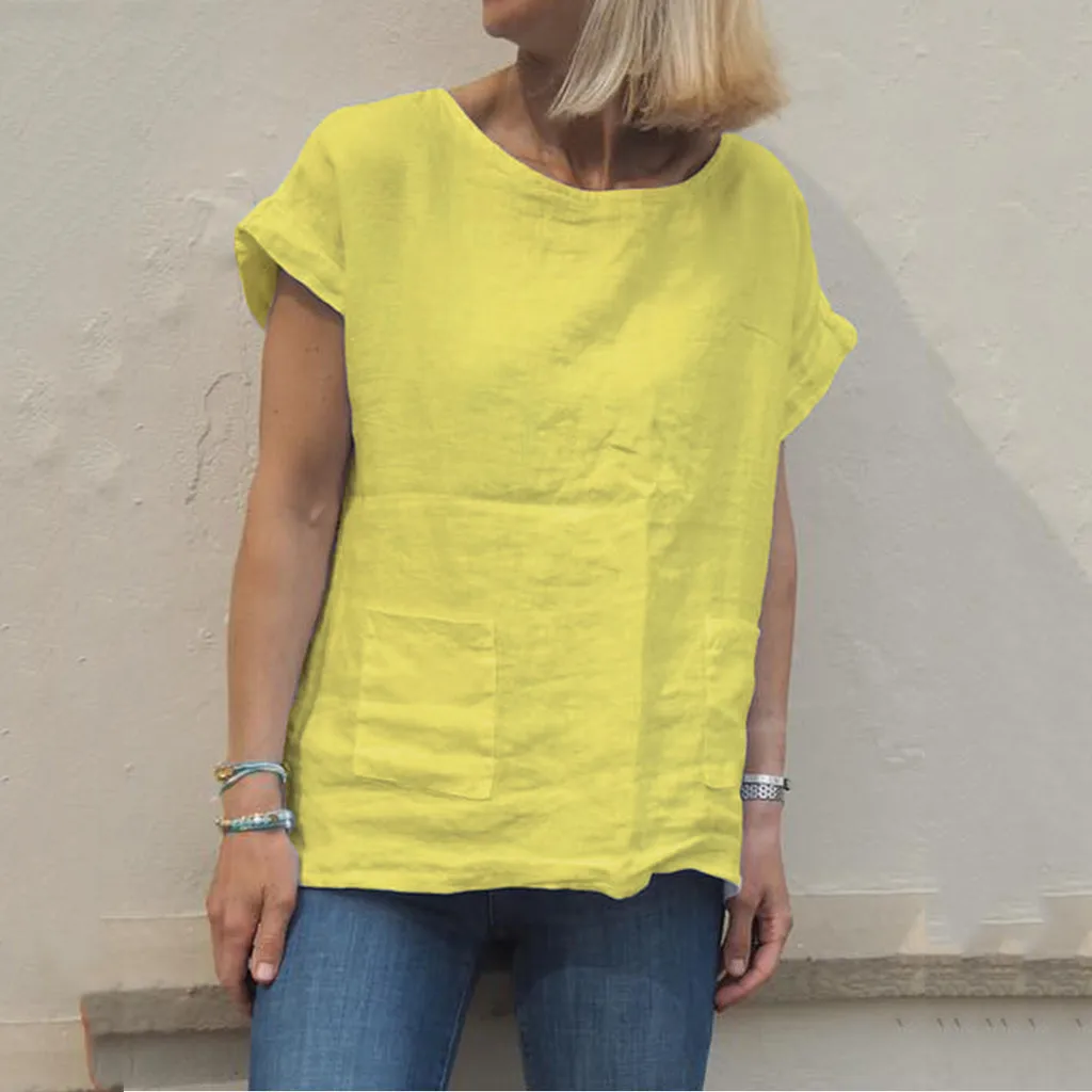 

Feitong Women Linen Shirts Blouse Solid O-Neck Short Sleeve Pockets Cottons Basic chemisier femme Summer Blouse Top
