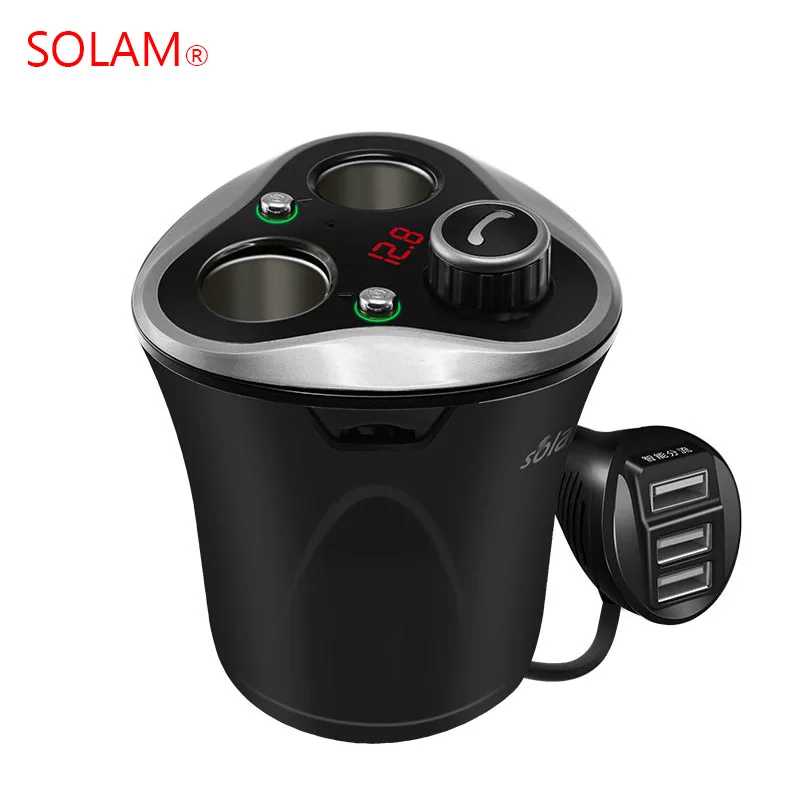 

SOLAM Creative cup type car bluetooth hands free kit MP3 player FM transmitter with cigarette lighter extension 3 USB charger
