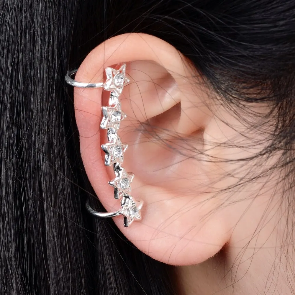 

PINKSEE 1Pair Silver Color Star Retro Clip Ear Cuff Stud Earrings For Women Girls Flower Elegant Simple Body Jewelry Accessories