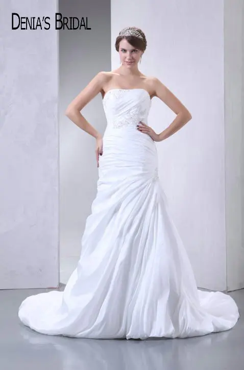 2017 Real Photos Strapless A Line font b Wedding b font Dresses Pleats Appliques Floor Length