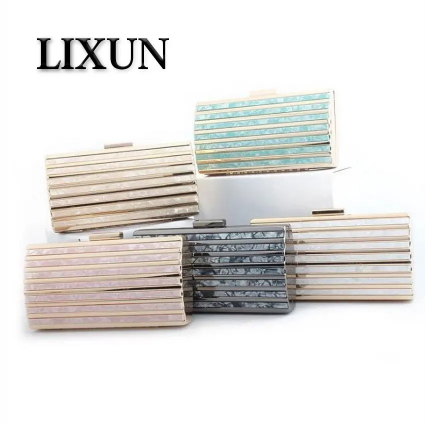 

LIXUN Gold Acrylic Stripe Design Women PVC Evening Clutches Bags Small Party Minaudiere Handbags Purse Wedding Box Female Bolsa