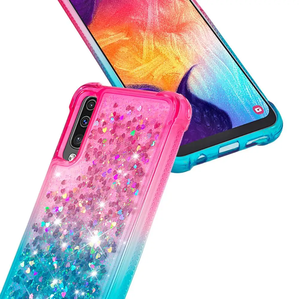 Чехол для samsung Galaxy A50 жидкий сыпучий песок с блестками Bling задняя крышка a50 прозрачный силиконовый мягкий с предохранительными подушками противоударный корпус