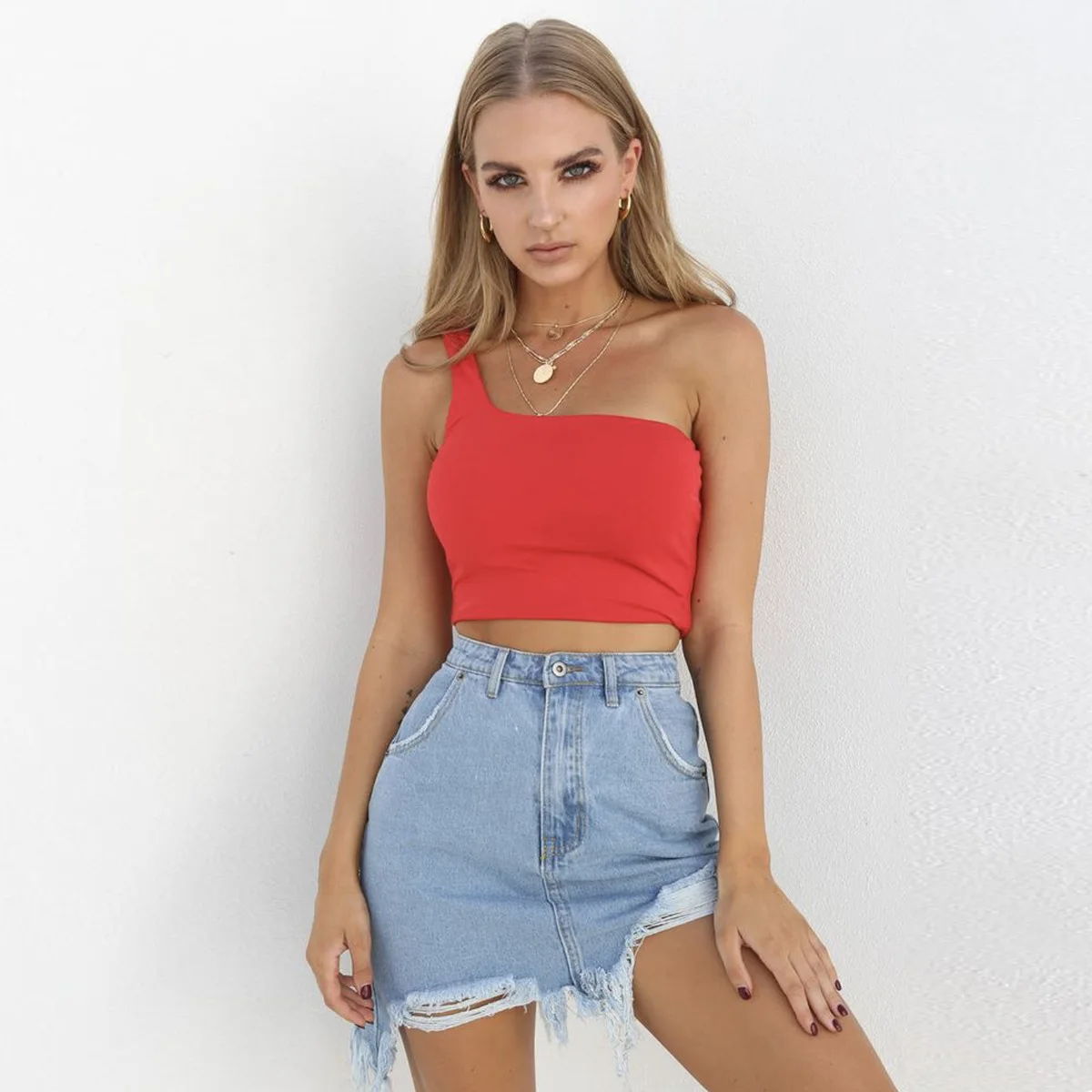 

One Shoulder Women Lady Blouses Female Crop Tops Sleeveless Shirts 2019 Summer Beach Vest Bare Midriff Summer Fashion Clothes