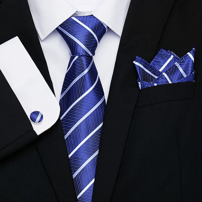 

Vangise Striped 8cm Tie Set Silk Jacquard Mens Necktie Gravata Hanky Cufflinks Set Pocket Handkerchief Mens Tie for Wedding