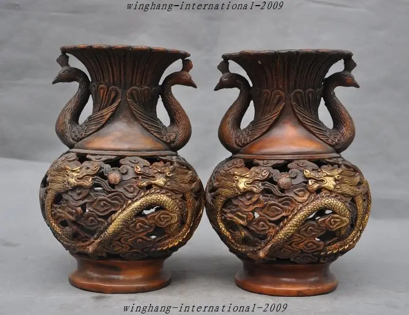

Crafts statue Marked Old Chinese Gilt Bronze Dragon Phoenix Statue Bottle jar pot Vase Pair halloween