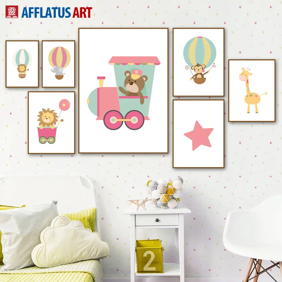 

Bear Lion Elephant Monkey Giraffe Train Animals Nordic Posters And Prints Wall Art Canvas Painting Wall Pictures Kids Room Decor