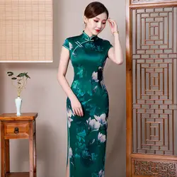 Классическое зеленое платье с принтом Чонсам с цветами в винтажном стиле, воротник-стойка, короткий рукав, Qipao, китайский стиль, облегающее