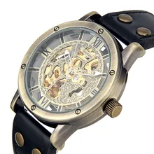 Mens Automatic Mechanical Watch Steampunk Skeleton Dial Black Leather Strape