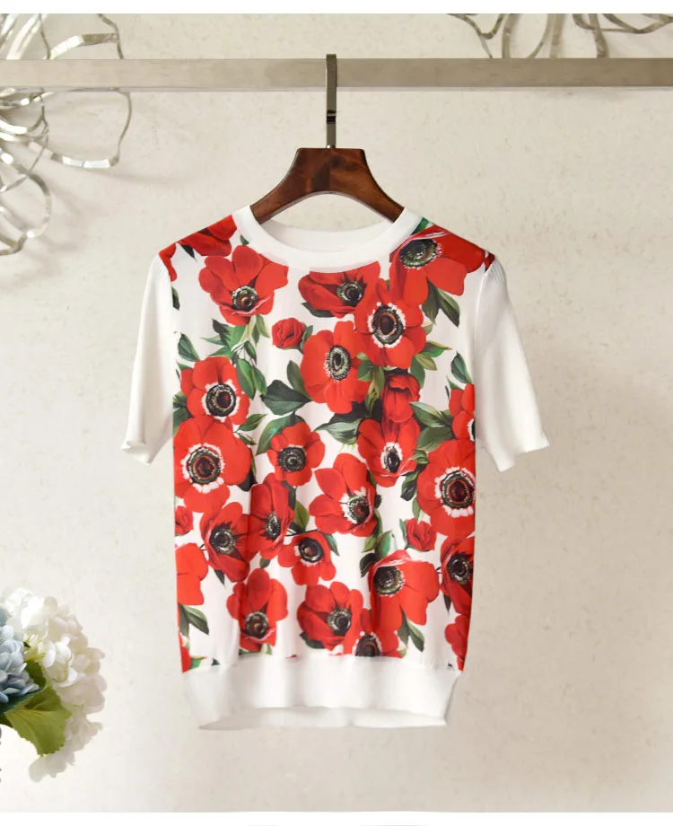Svoryxiu дизайнер осень плюс размер короткий рукав вязание топы женские элегантный цветок розы печати Шелковый свитер тройники Пуловеры