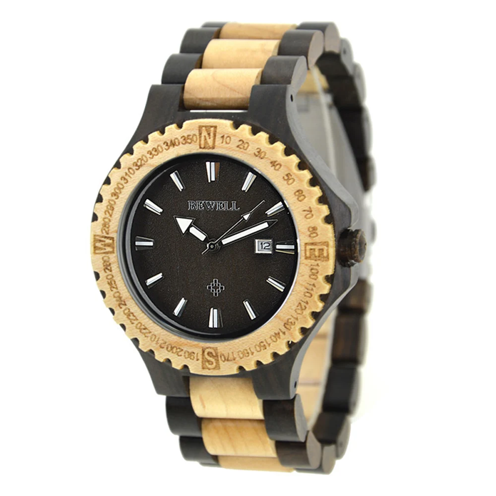 

BEWELL Men's Watch All Handmade Wood with Date Display Luminous Pointers Round Analog Wristwatch Relogio Masculino Gifts 023A