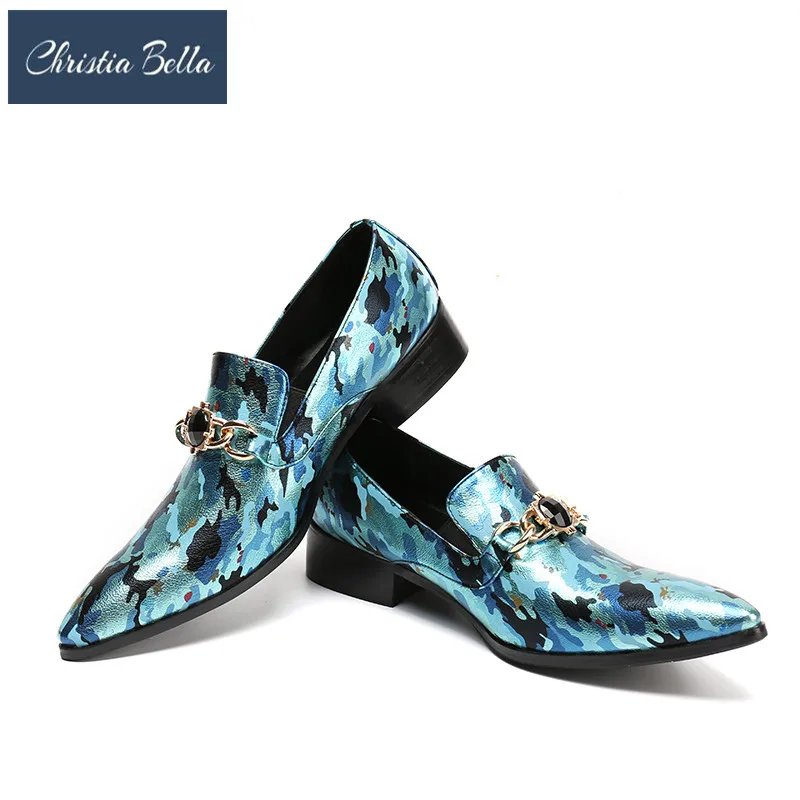 Christia Bella Gem Chain Men Loafers Camouflage Painted Genuine Leather Slipper Smoking Slip Ons Shoes Party Wedding Dress | Обувь