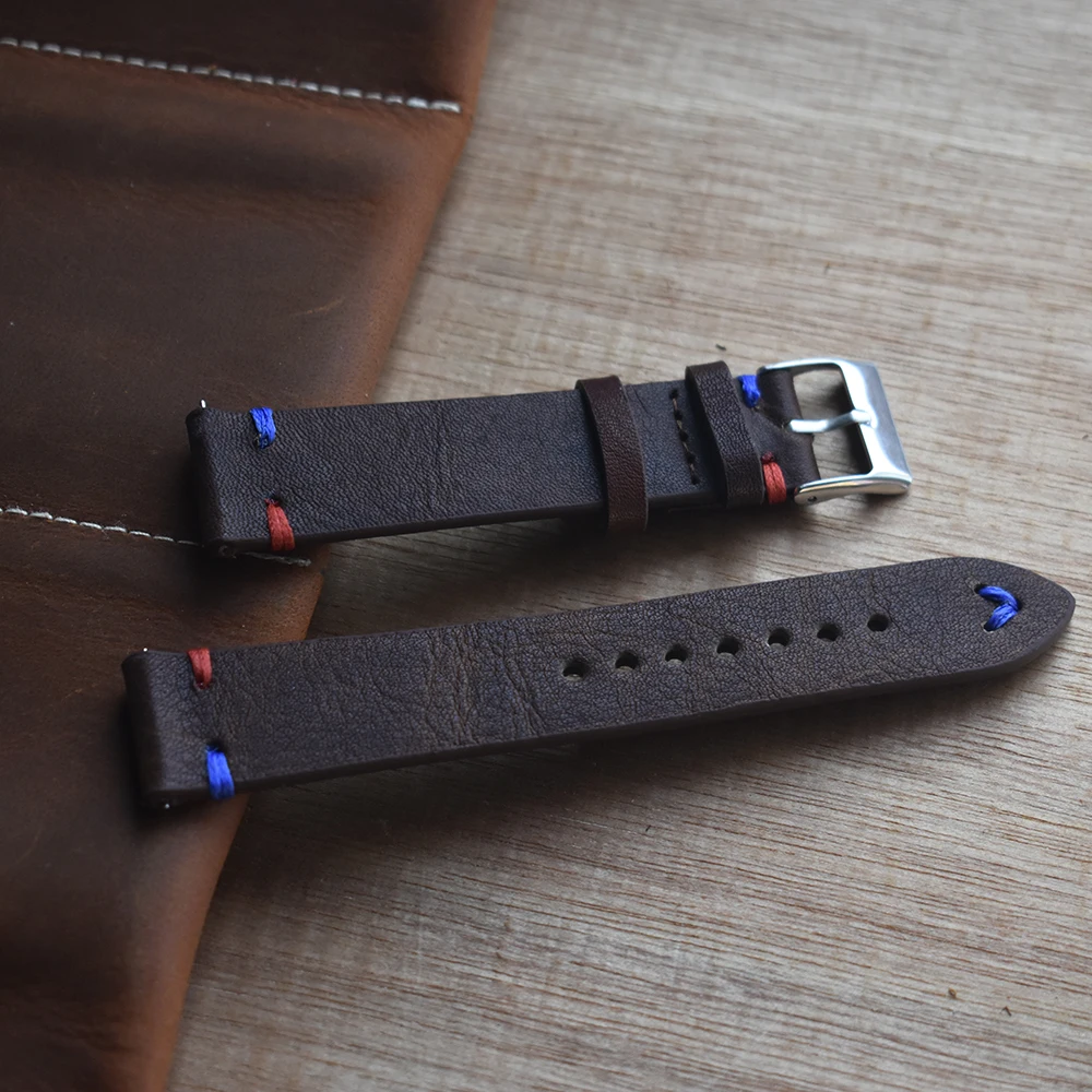 

Onthelevel 18mm 20mm 22mm Watch Leather Strap Handmade Vintage Stitching Red Blue Line Genuine Leather Watch Band #D