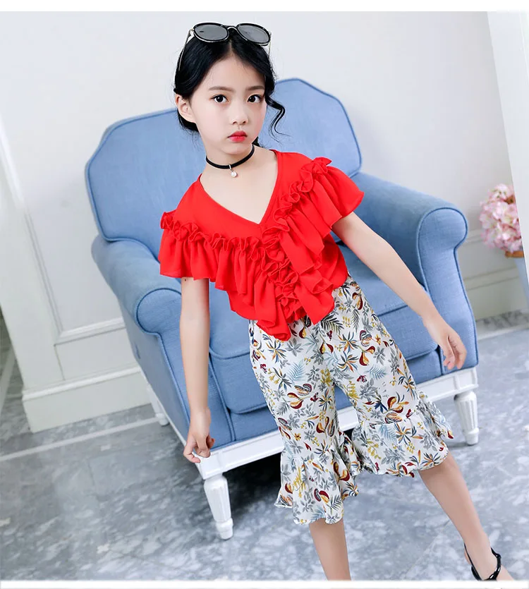 fashion printed flare pants for teenage baby girls high waist knee length chiffon new summer 2018 pant clothing teenager clothes (12)