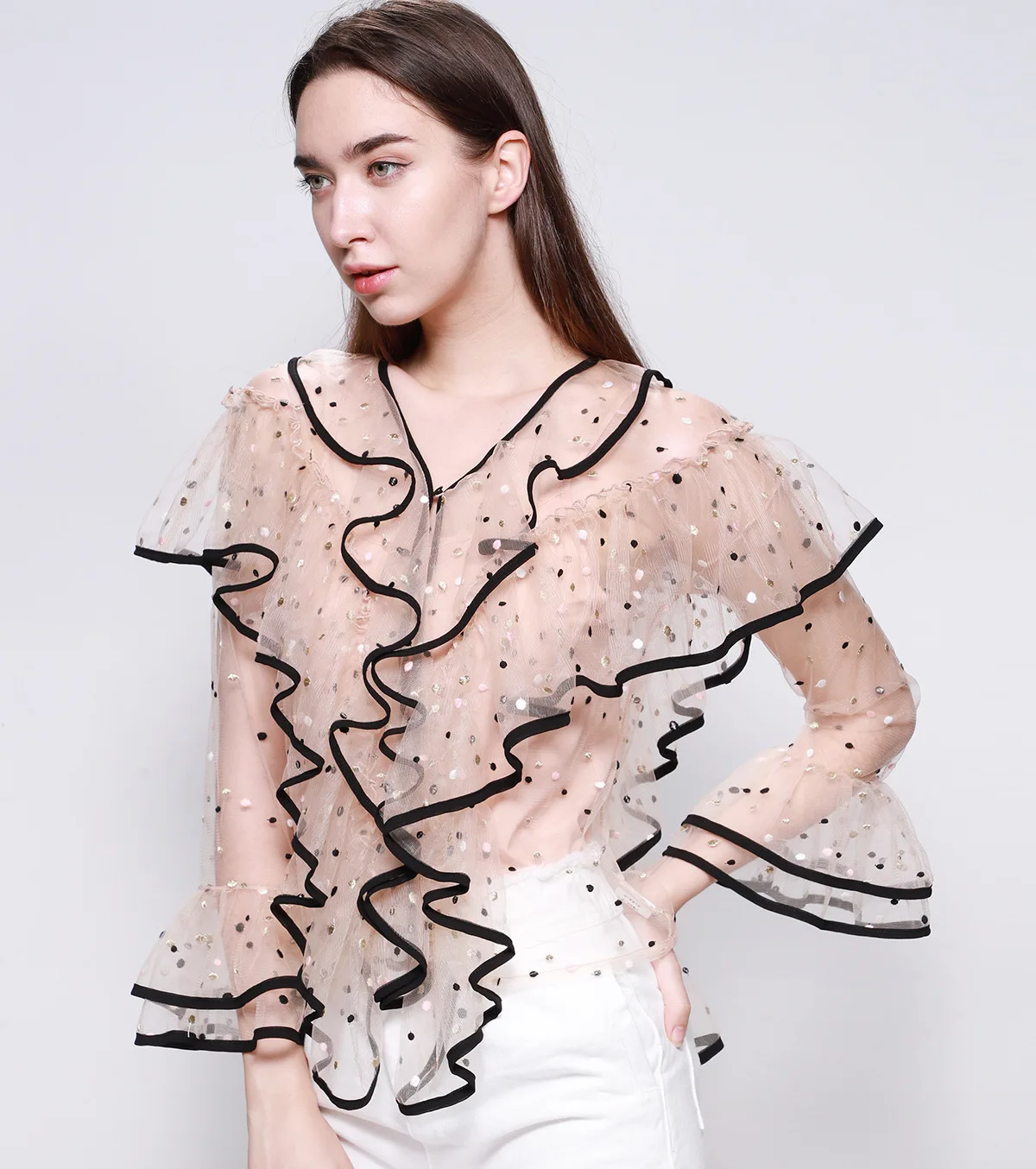 

V-neck Mesh Stitching Wave Point Women's Shirts 2019 Summer New Perspective Women High Quality Ruffles Blouses and Tops