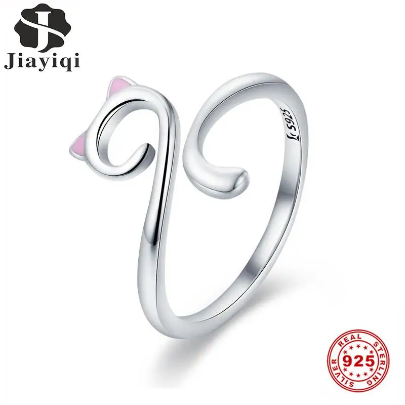 

Jiayiqi Naughty Cat Rings Adjustable Open Sterling Silver 925 Ring Never Fade Fine Jewelry For Women Girl Party Birthday Gifts